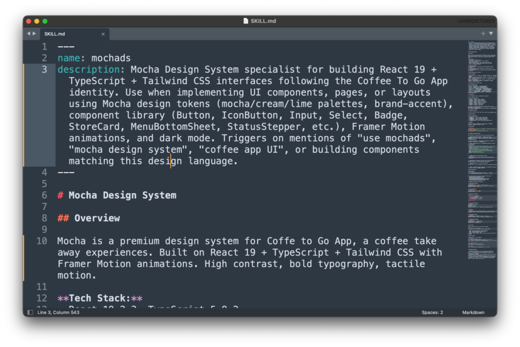 print de um arquivo skill.md com nome, descrição e instruções.